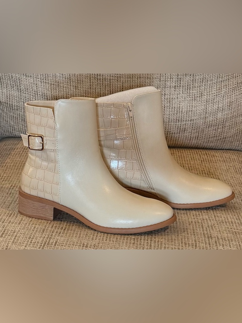 Cream Croc-Accent Ankle Boots with Buckle